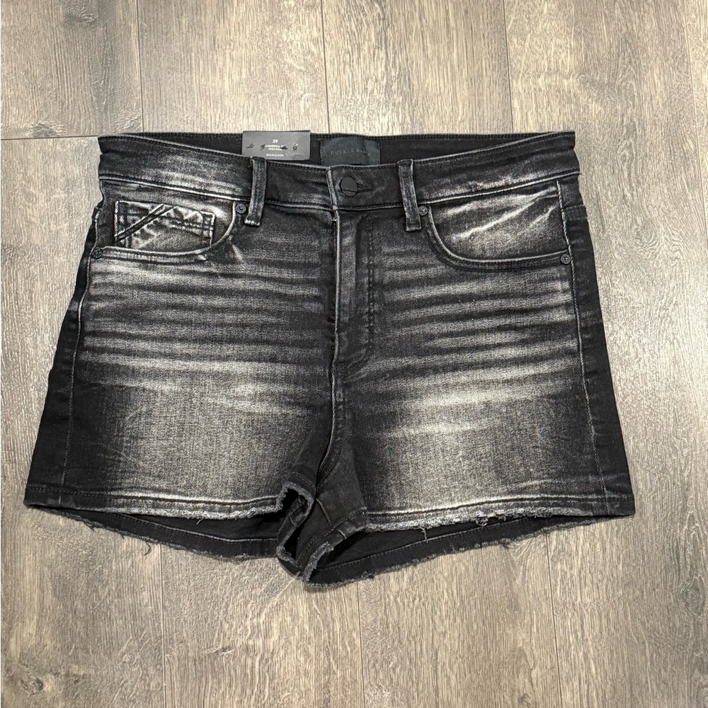 Buckle Black Jean Shorts with Vintage Distressing
